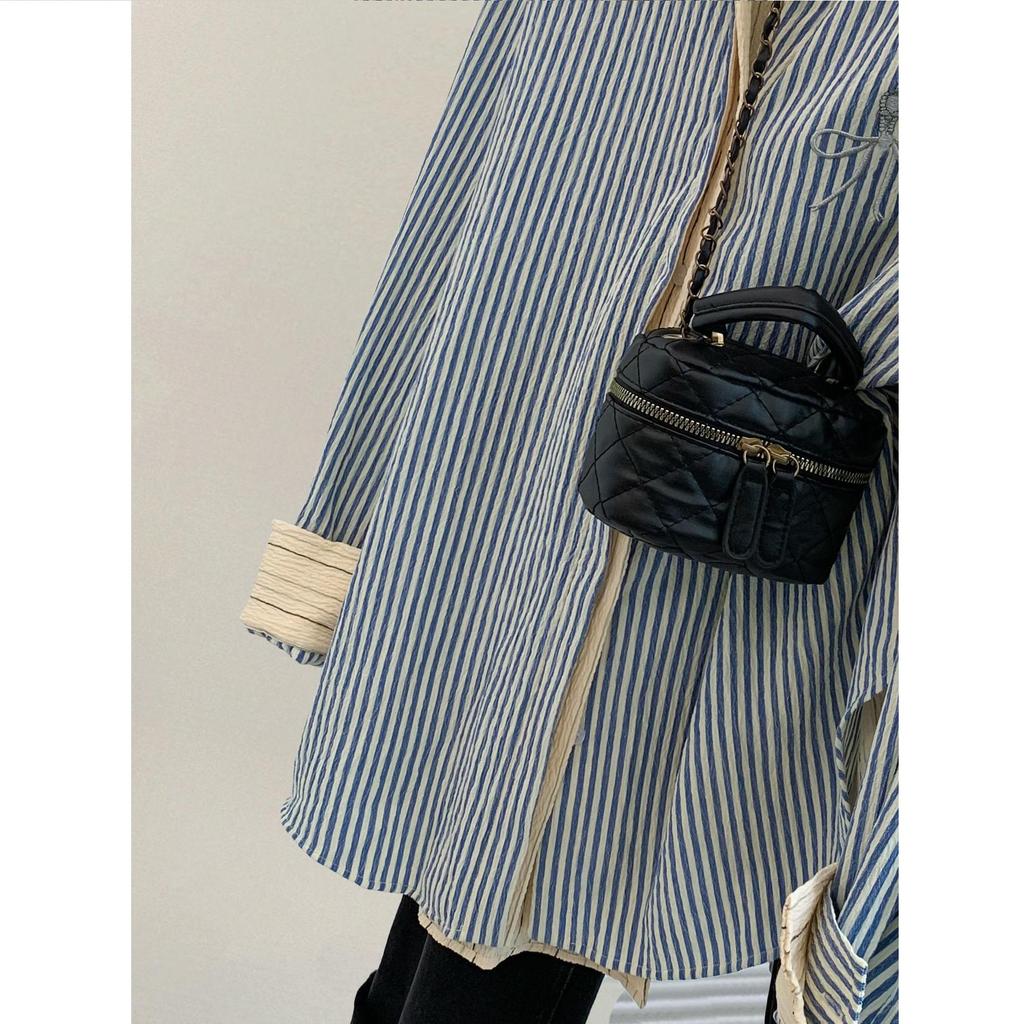 Striped Front Shoulder Fake Two-piece Shirt Jacket for Women In Autumn and Winter, Korean Style High-end Feeling, Short Long Sleeved Shirt Top