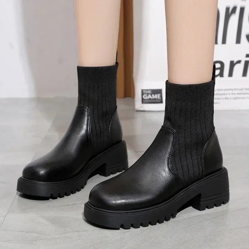 Large Size Women's Boots  New Fashionable Knitted Patchwork Fashion Boots Thick Sole Thick Heel Slimming Short Boots