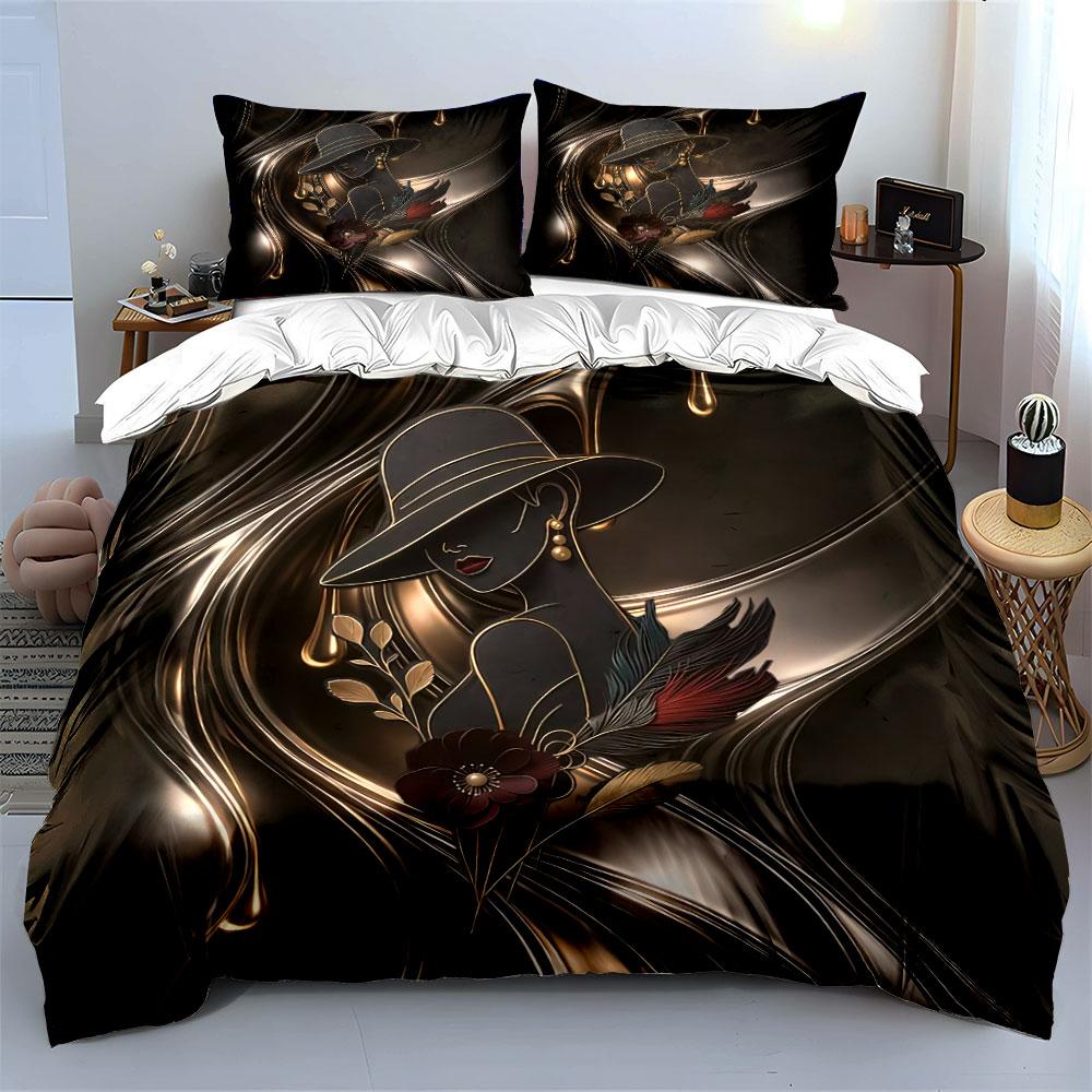 Elegant Lady with Floral Art Bedding Duvet Cover Set Duvet Cover Pillowcases (1*Duvet Cover 2*Pillowcases, Without Duvet Insert)