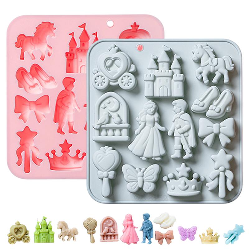 12 Cavity Silicone Mold for Cake Decoration 3D Prince Princess Castle Horse Fondant Candy Chocolate Mould for Baking