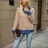Women's Faux Two-Piece Denim Lapel Sweatshirt with Color Block and Button Front