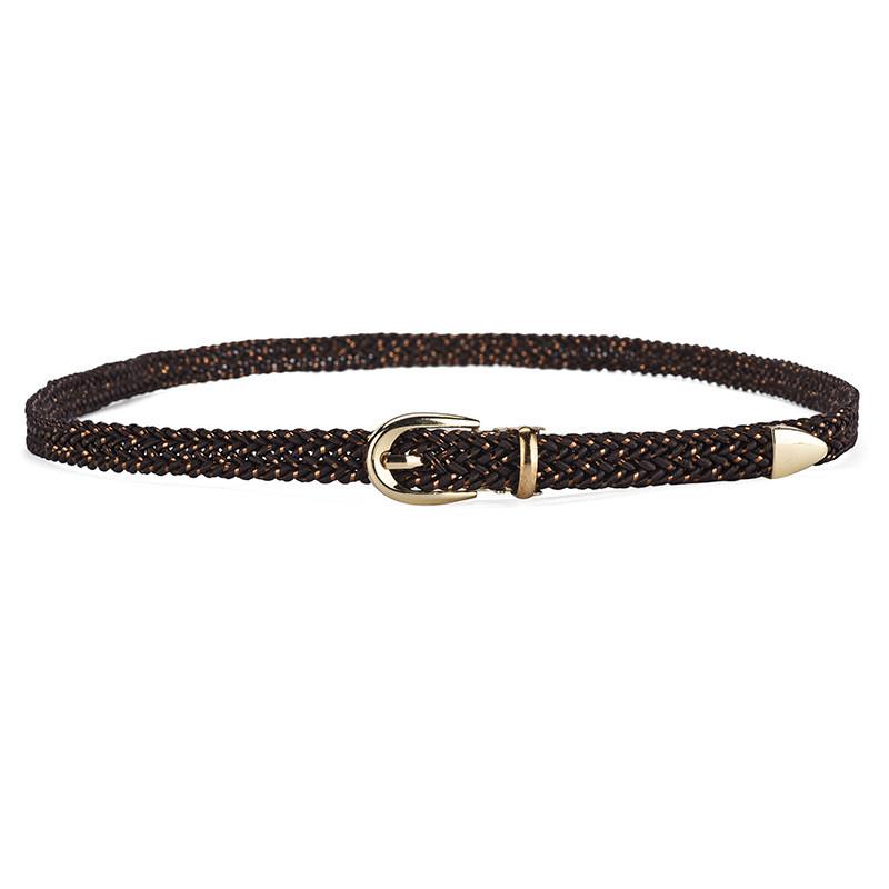 Womens Elegant Slim Woven Belt With Decorative Gold Buckle For Stylish Dress And Shirt Outfit