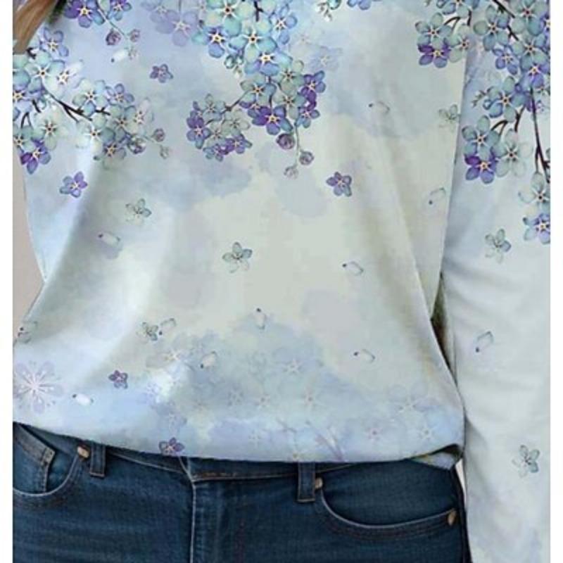 Dame T-skjorte Tee Trykk Daglig Casual Langermet Rund hals Marineblå Vår Høst