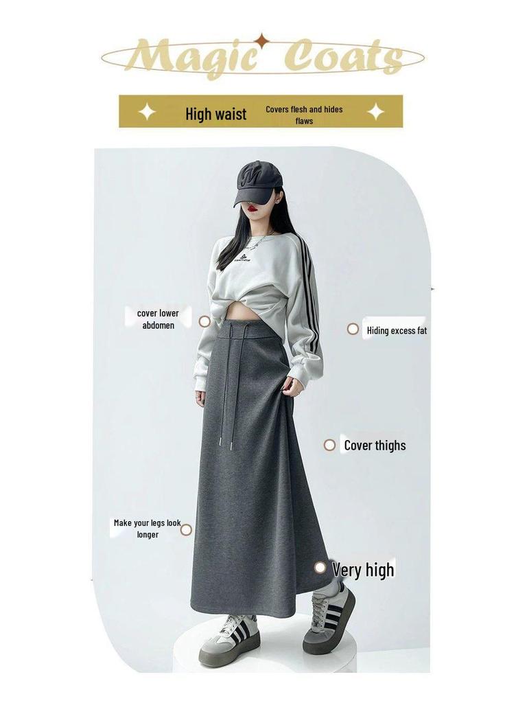 Women's Gray Elastic Waist A-Line Mini Skirt - Sporty High Waist, Bodycon, Slit, Casual Autumn Wear for Petite