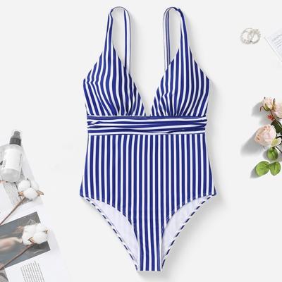 Yaz Monokini V Yaka Askılı Sırtı Açık Tek Parça Bikini Çizgili Baskılı Hızlı Kuruyan Slim Fit Vücut Şekillendirici Monokini