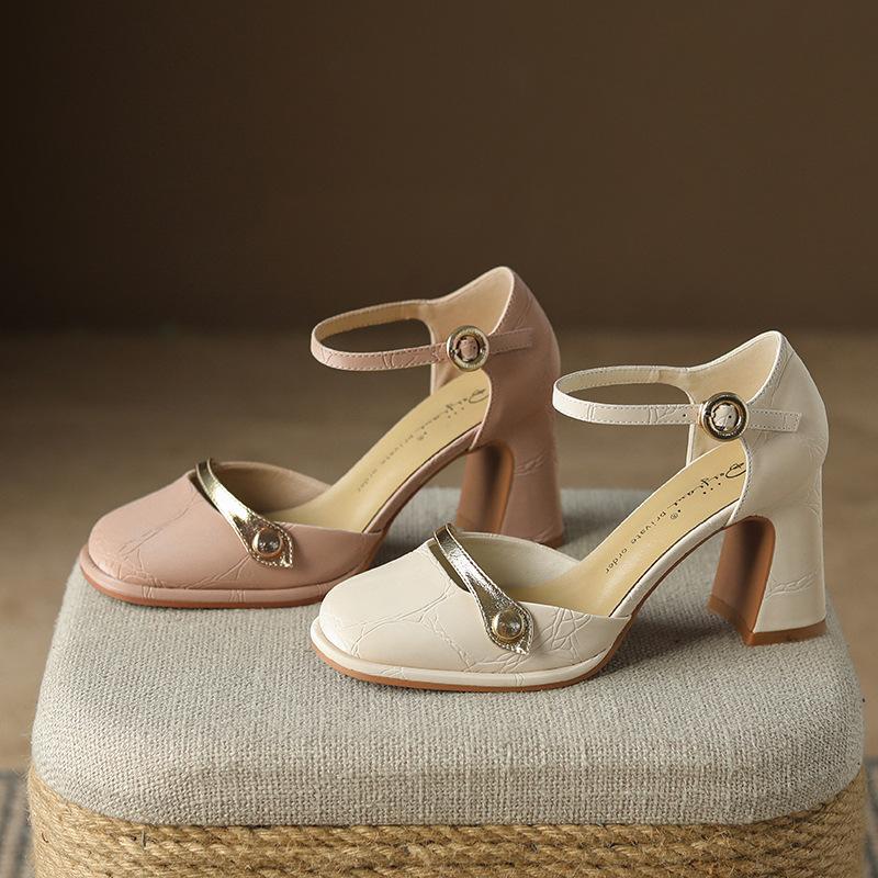 Vintage Crack Thick Heel Mary Jane Shoes Bag Head Sandals Women's Word with Light Mouth Single Shoes Summer