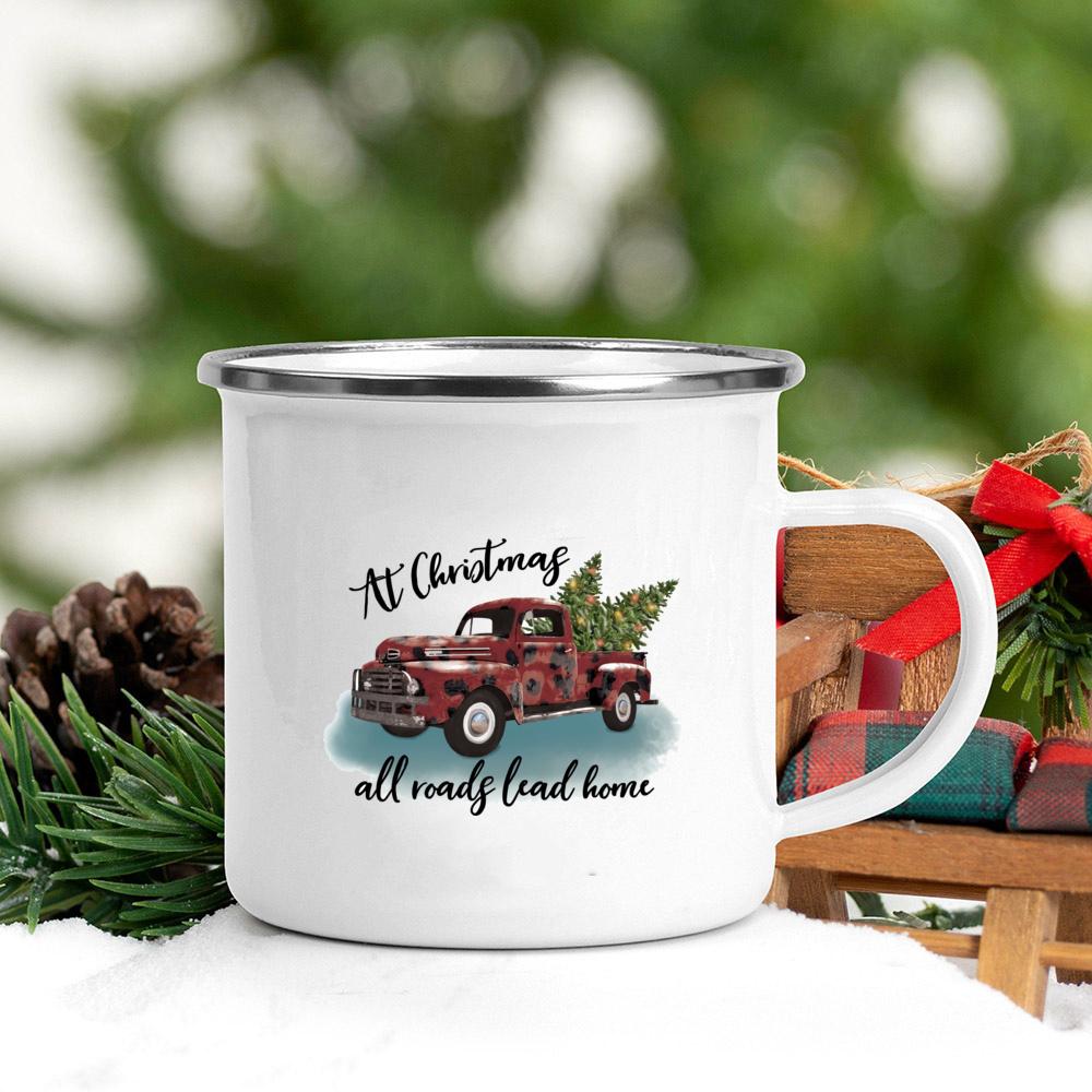 Truck Christmas Tree Printed Coffee Mugs Enamel White Drink Mug Handle Beer Cups Party Table Decoration Gifts for Family Friends