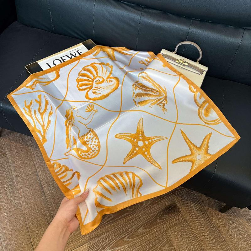 Fashion Black and White Printing Temperament Square Scarf Imitation Silk Korean Version Decorative Scarf Scarf Professional Decorative Shawl Silk Scar