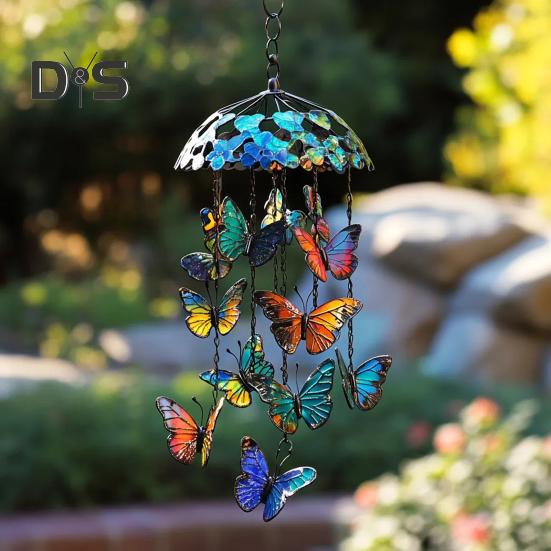 Butterfly Wind Chime Metal Stained Glass Wind Chime Hanging Decoration for Indoor Outdoor Garden Patio Porch Home Decor