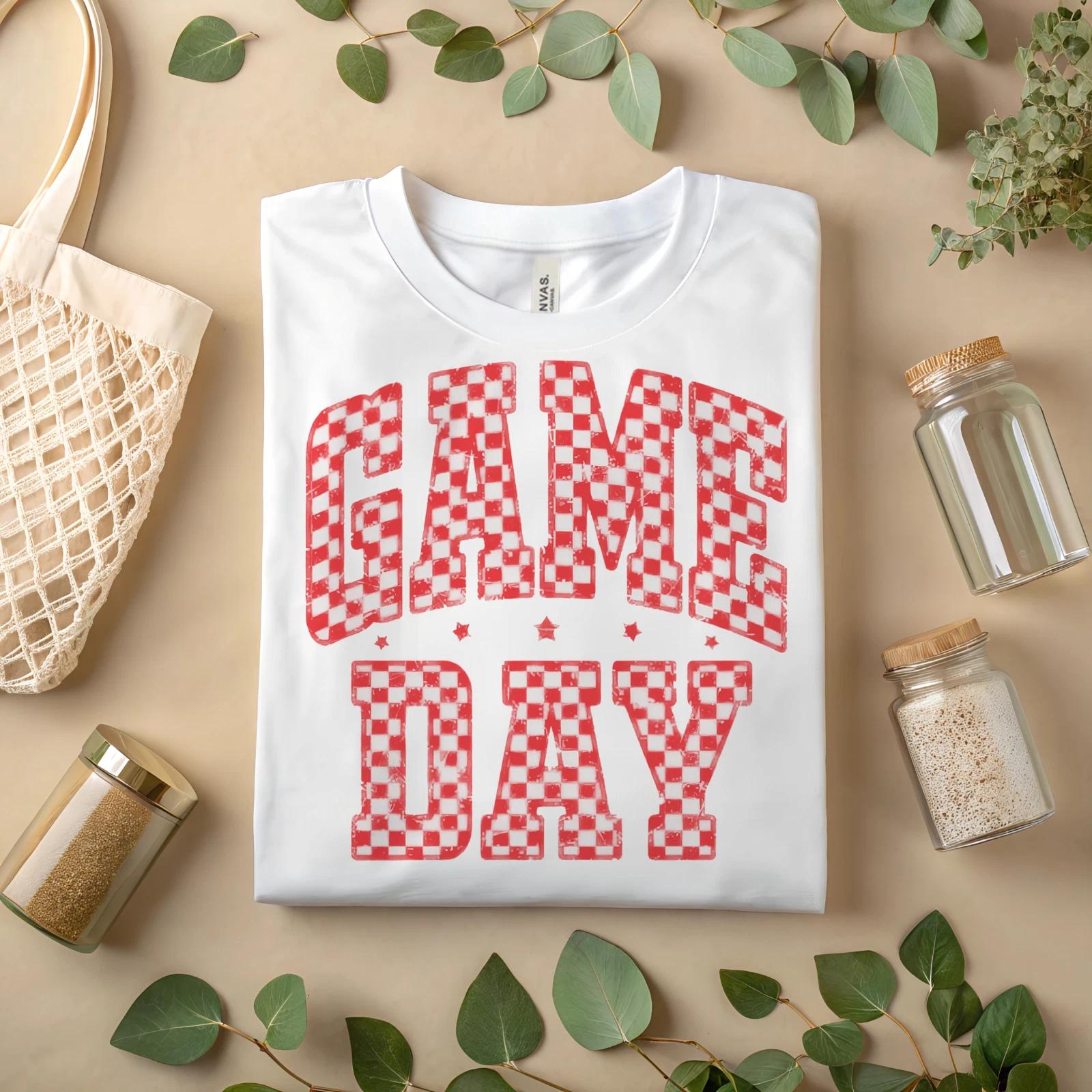 

Game Day T-Shirt – Red Checkered Letters Graphic Tee A193 S