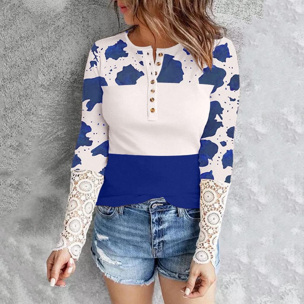 Women's Slim Fit Casual Cow Striped Lace Long Sleeve Top T-Shirt Blouse