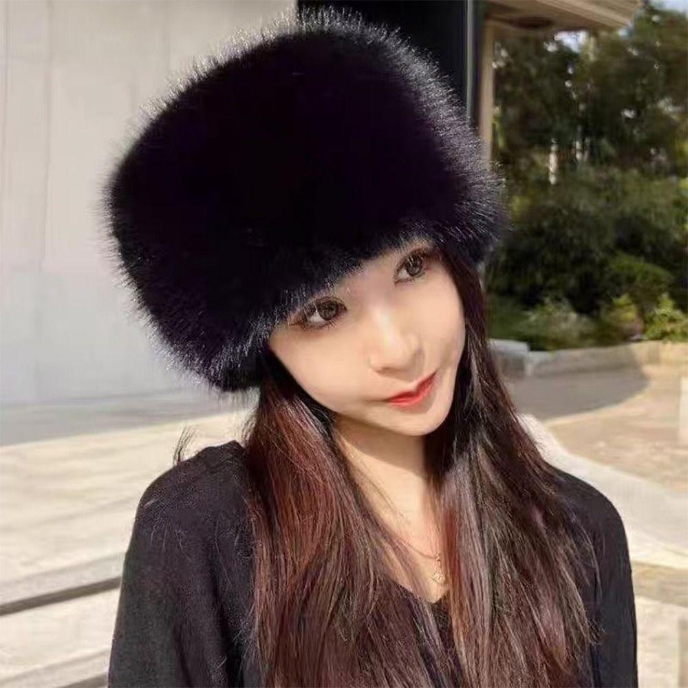 Smooth Mongolian Fluffy Hat Thickened Fur Fluffy Texture Warm Bucket Hat Round Top Ear Protection Winter Hat Ladies Headwear
