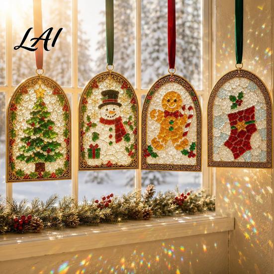 Holiday Fireplace Decor Christmas Sea Glass Suncatcher Stained Style Acrylic Window Hanging Ornament Cute Suncatcher Tree/Snowman/Gingerbread
