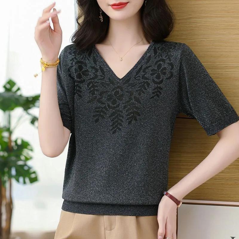 T-shirt Women Versatile Summer Casual Large Size Loose V Neck Knitted Pullover Short-sleeved Tops