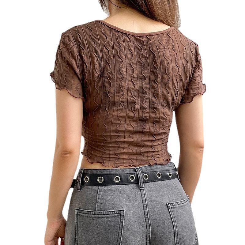 Women Retro Perspective V-neck Hollowed Cardigan T-shirt Tops Fashion Agaric Edge Short Bare Navel Top