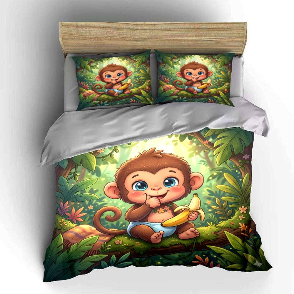 Süßer Affe im Wald Cartoon-Druck Bettwäsche-Set 1 Bettbezug 2 Kissenbezüge für Erwachsene und Kinder Luxuriöses Geschenk Vollgröße