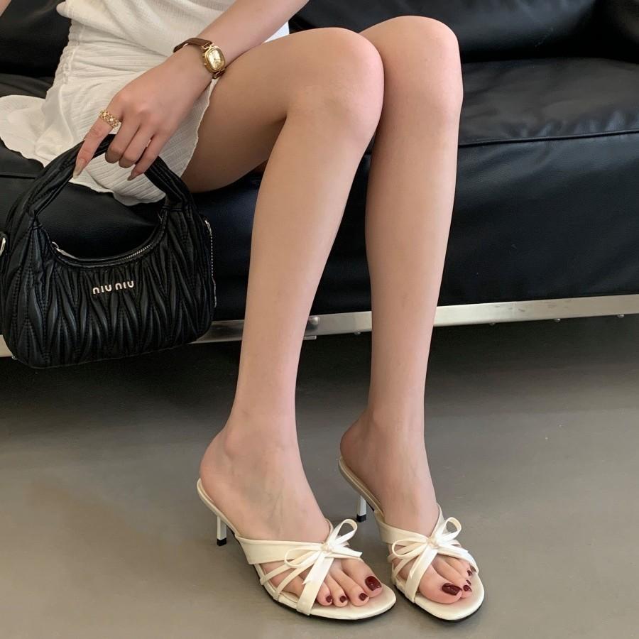 Leather silver with skirt thick heel bow one-word slippers women's summer wear French high-heeled cool slippers