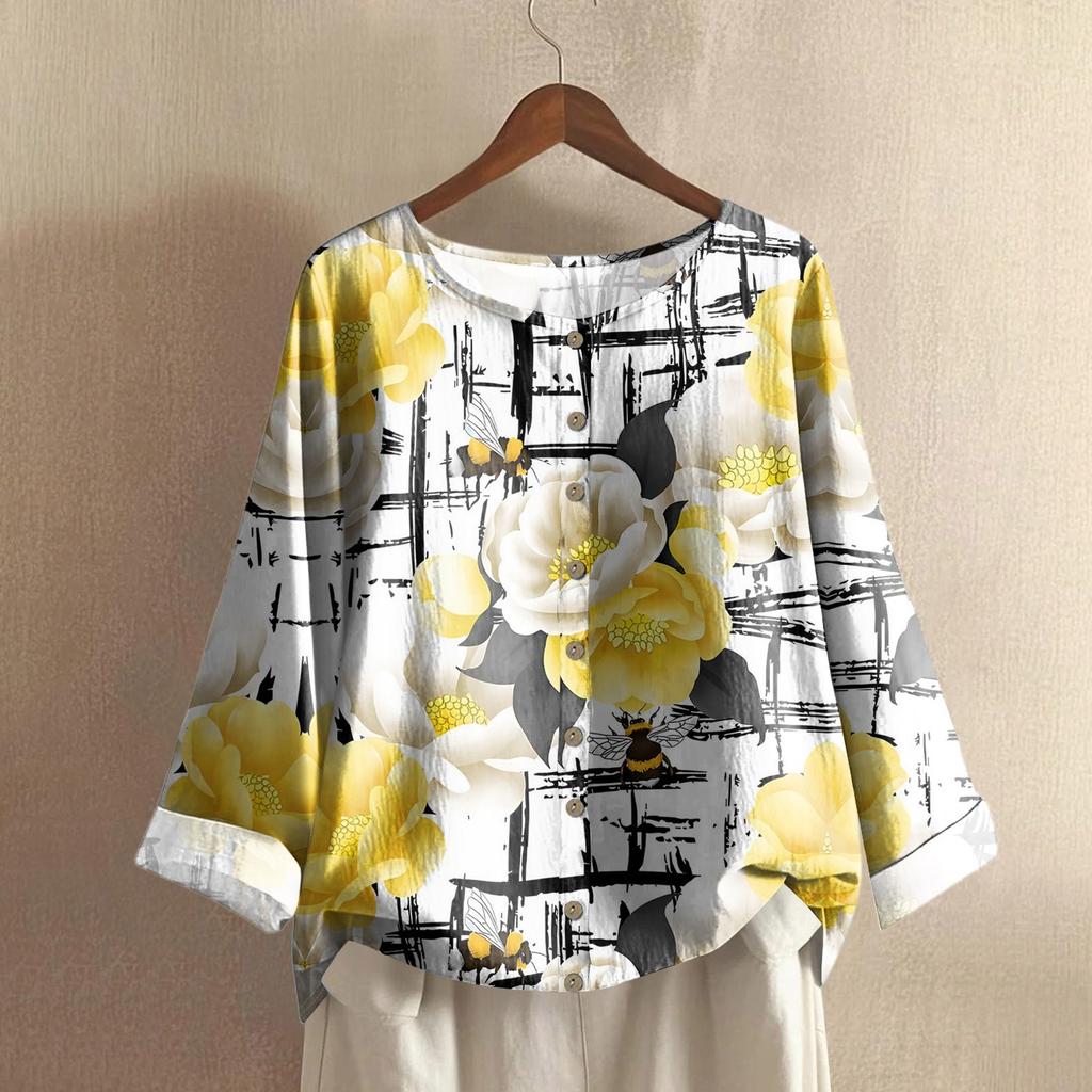 Women's Casual Long-sleeved Round-neck Retro Gradient Printed Cotton And Linen Top
