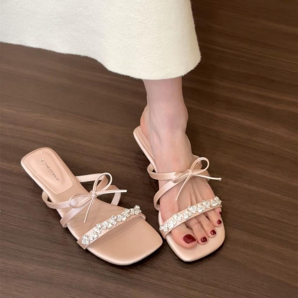 French Thick Heel Rhinestone Slippers Fairy Shoes Wear 2025 Summer Pink with Skirt Bow Sandals