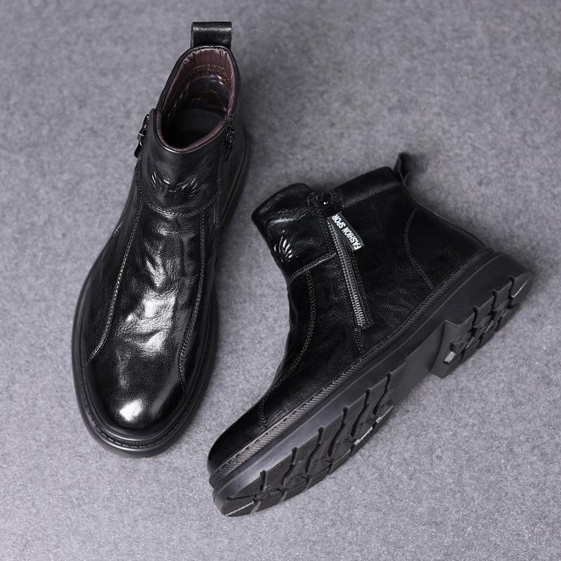 Men's Genuine Leather High-Top Martin Boots with Velvet Lining - Stylish and Warm Motorcycle Work Boots