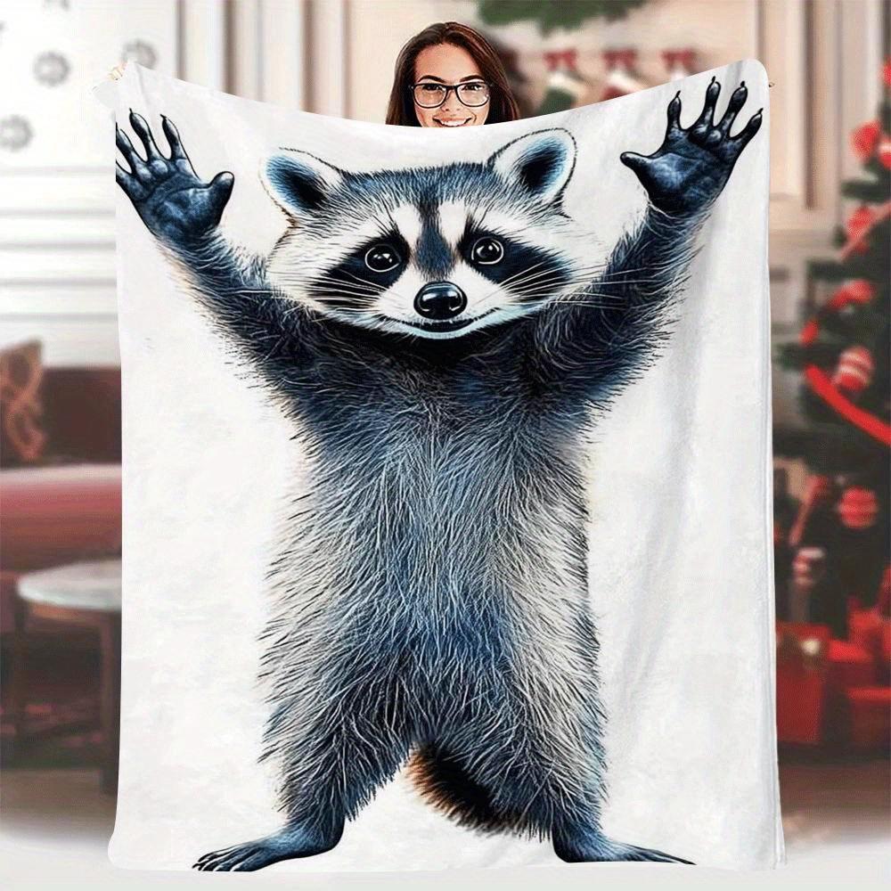 

1pc 60x80 Inch Single-Sided Printed Blanket - Playful Raccoon Standing on Hind Legs Waving Paws, Retro Full-Body Design on White 70x100cm28x39in
