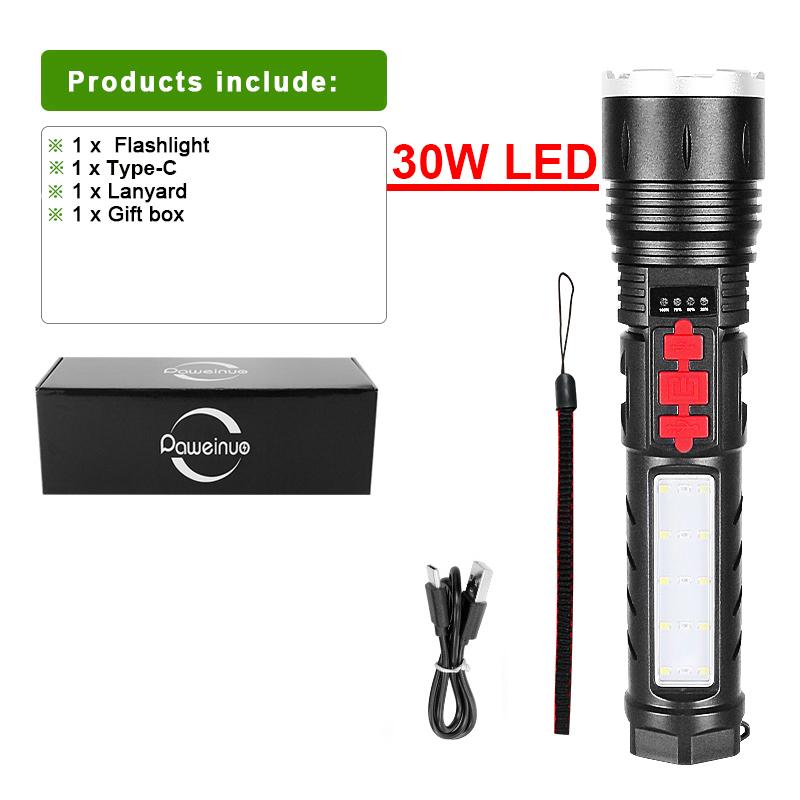 Sisseehitatud akuga suure võimsusega LED-taskulamp Laetav võimas taskulamp suumiga käsilatern koos helisignaaliga hädaabilambi välisvalgustiga