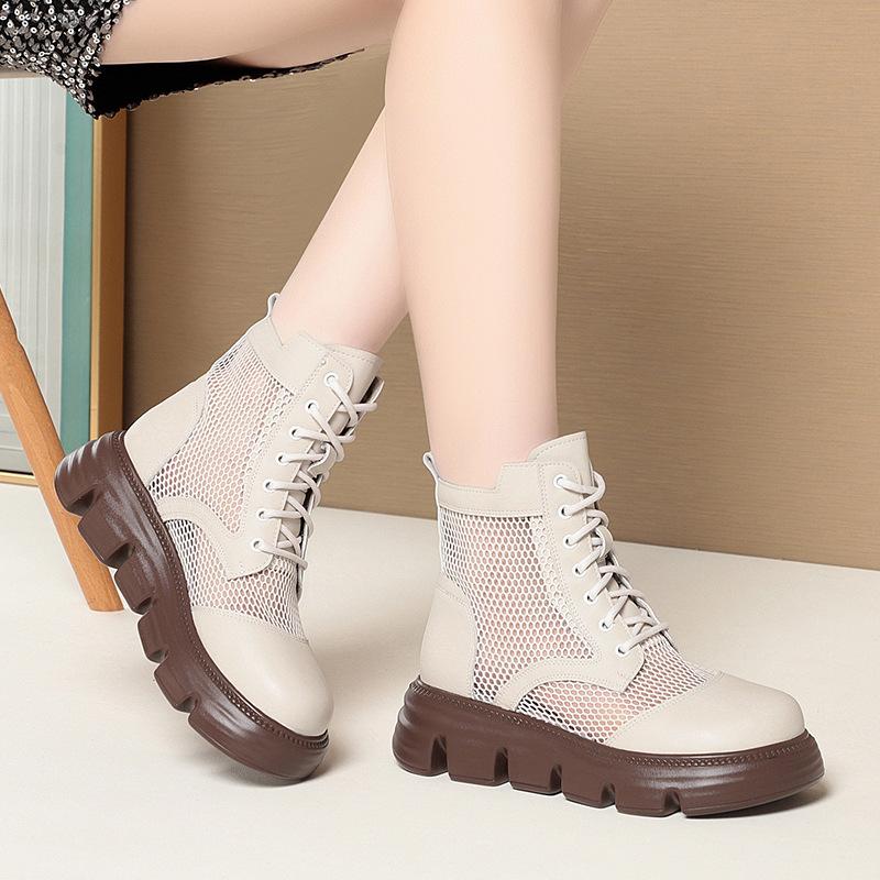5cm Breathable Comfortable Thick Bottom Falt Paltform Shoes Women Ankle Boots Summer 2025 Cutout Mesh Leather Boots Office Mom