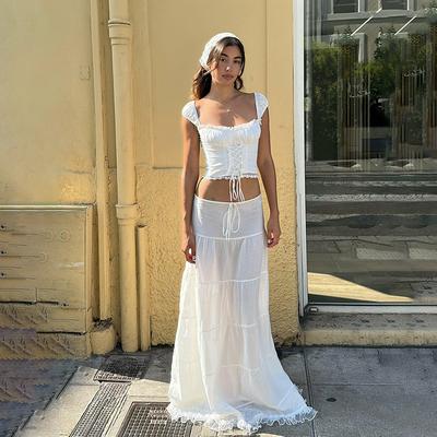 Summer Women's Wear French Square Collar Halter Top Dress with Lace Patchwork Skirt Vacation Style Suit