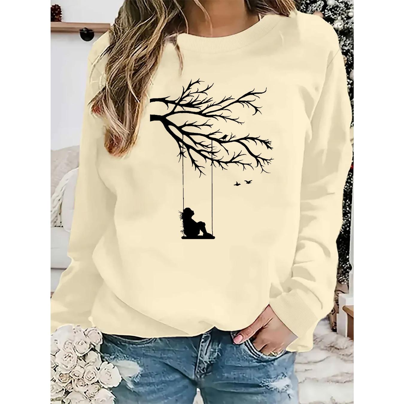 

Women s autumn and winter loose casual comfortable tree and bird design printed velvet long sleeved round neck hoodie pullover XL
