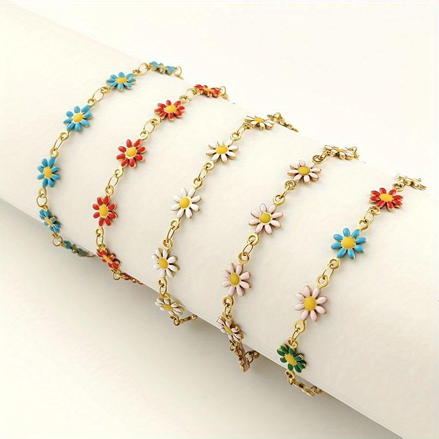 1pc Exquisite Enamel Daisy Flower Stainless Steel Ladies Bracelet Bohemian Style, Vacation Fashion Accessory