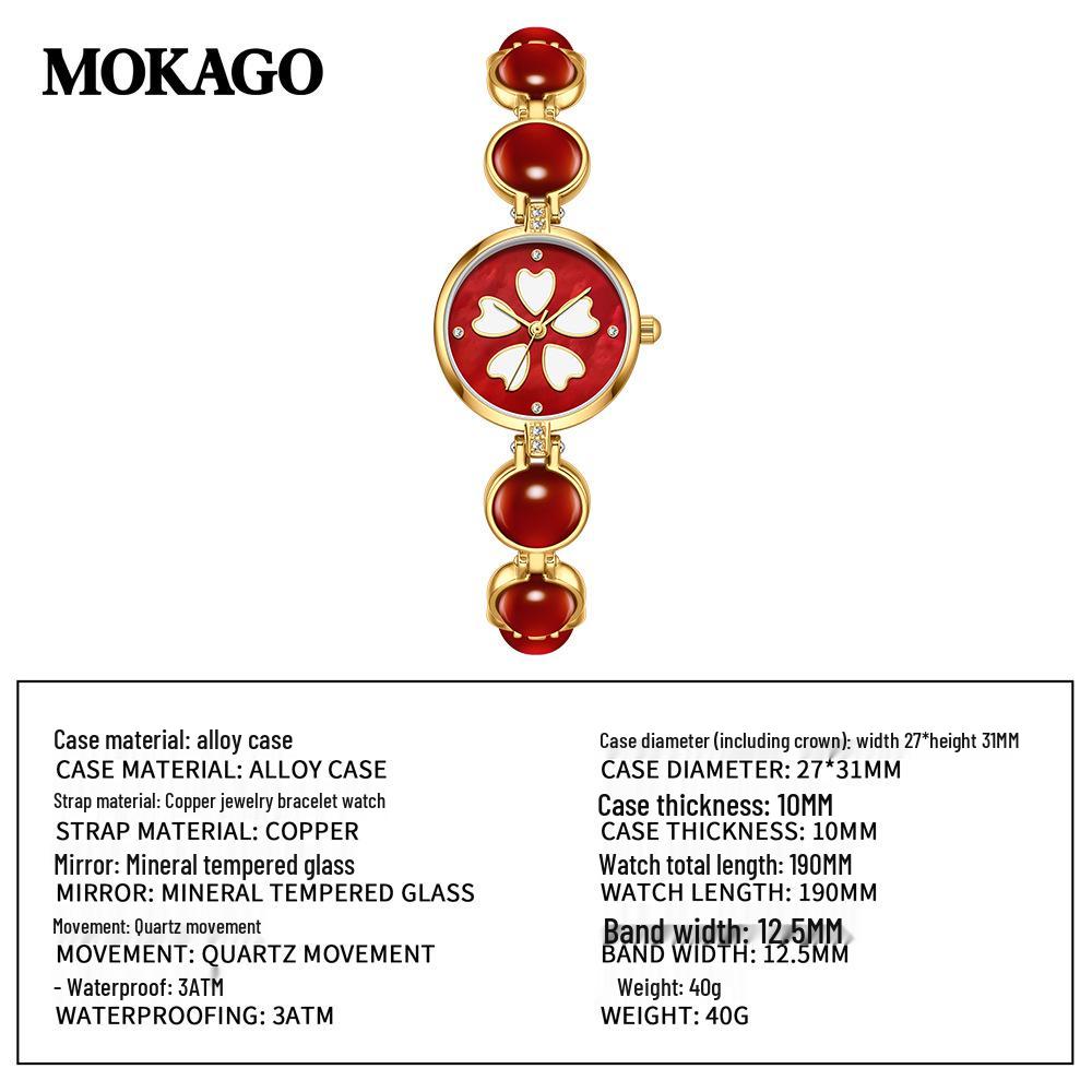 Moka Diamond Luminous Quartz Watch with Four-Leaf Clover Design, 30M Waterproof, Copper Band.