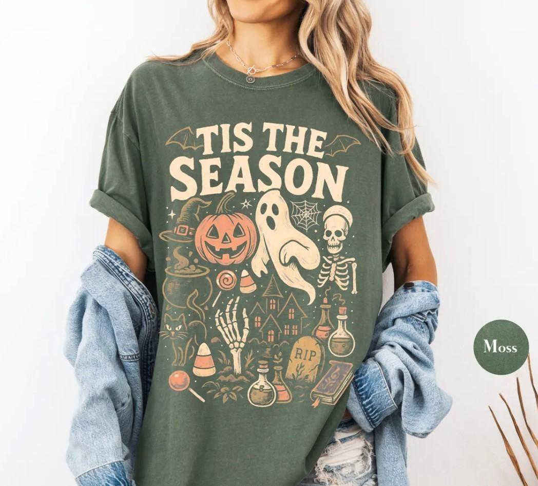 Vintage Halloween Comfort Colors® T Shirt Retro Tis The Season Skeleton Pumpki XXXL