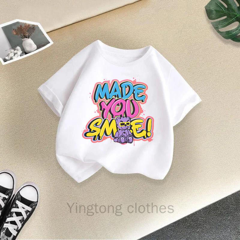 Summer Clothes for Boys and Girls, Short Sleeved T-shirts, Summer New Styles, Teddy Bear Printed Girls' Tops, Children's Clothing Trend