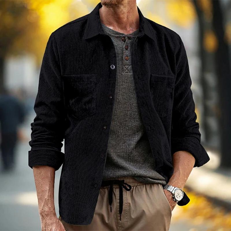 Spring Fall Daily Leisure Mens Shirts Corduroy Solid Color Pockets Button-Up Shirt Jacket Men Streetwear Long Sleeve Shirt