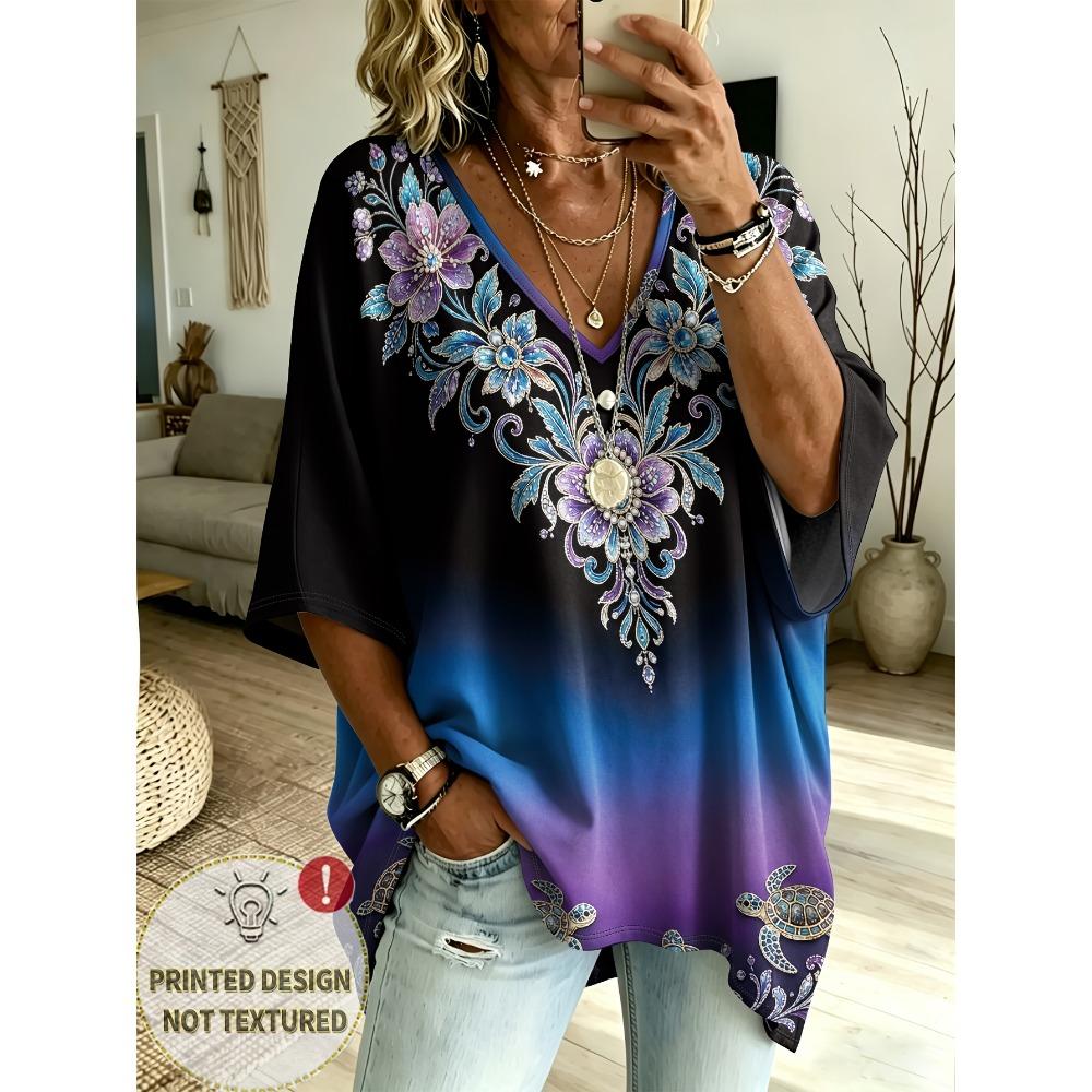 Plus Size Women's Simple Bohemian Pattern Print V-neck Top Three-quarter Sleeve Loose Casual T-shirt