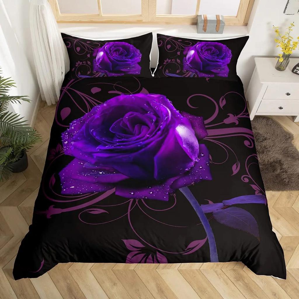 Comforter Purple Rose Queen Size Romantic Flowers Bedding Set Valentine'S Day Floral Comforter Set