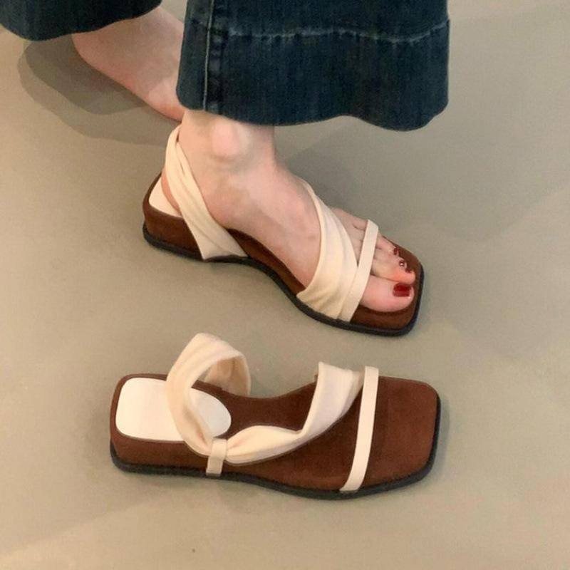 

Niche slope heel sandals open-toed sandals women s shoes summer wear square head high-heeled slippers design sense beach Roman shoes 35