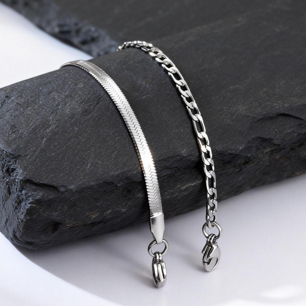 2pcs Men's Flat Chain Bracelet,Silver Color Stainless Steel Adjustable Wristband,Minimalist Unisex Jewelry Gift