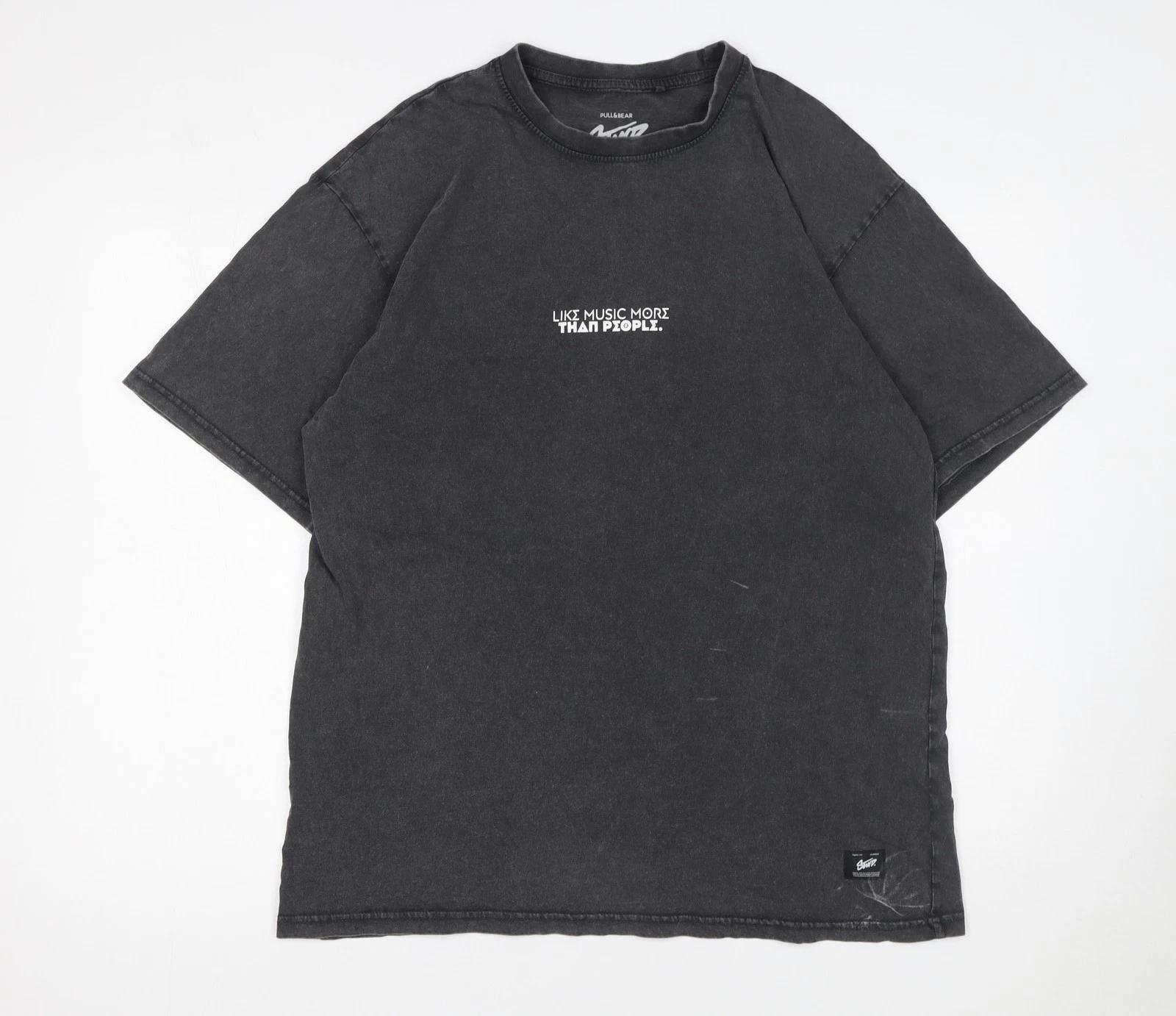 Pull&Bear Men’s Grey Music Quote Graphic T-Shirt Size M Relaxed Fit L