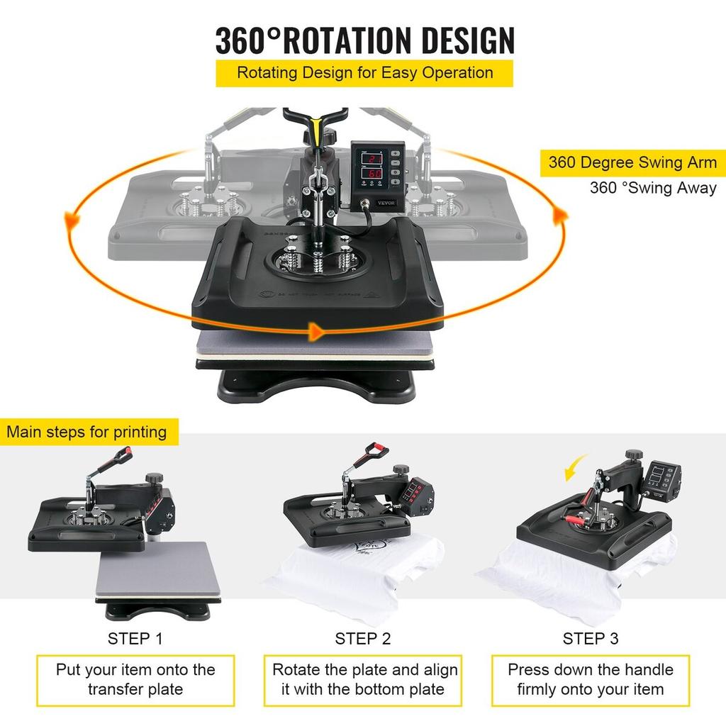 Heat Press Machine 15 x 15 Inch 8 In 1 Heat Press 1000W Sublimation Machine 360° Rotation Swing Away Heat Press 8 In 1 Shirt Printing Machine
