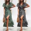 Fashion Women Sexy Short Sleeve V-Neck Ruffles Floral Print Bandage Long Dress