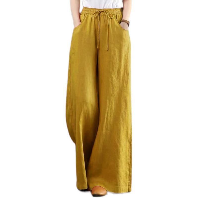 Sixteen Colors Multi-color High Waist Wide-Leg Linen Cotton Korean Style Women's Pants, Spring/Summer, Plus Size, Floor-Length, Straight Leg.