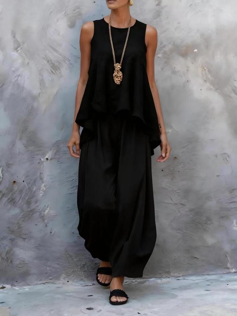 1116 New European and American Sleeveless Wide-Leg Pants Set, Women's Summer Casual Fashion Two-Piece Trendy Set