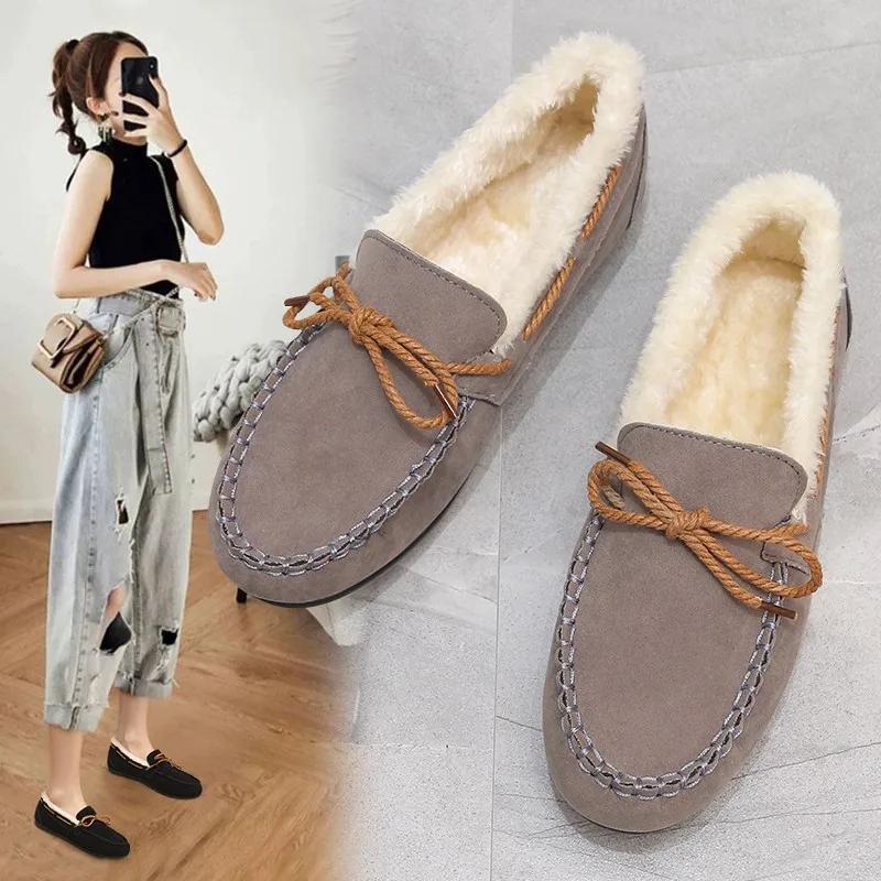 Winter Shoes Women Casual Flat Shoes Women's Moccasins Soft Loafers Fashion Comfort Warm Plush Bow Slip on Female Cotton Shoes