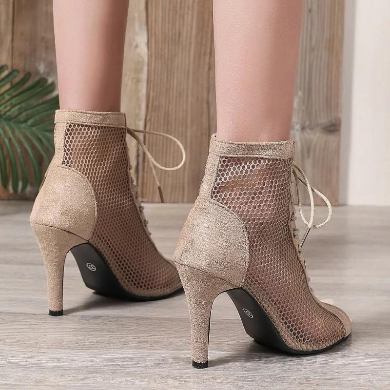 Fashion Women's Sandals 2025 Summer Boots High Top High Heels Dance Ballroom Ladies Shoes Girl Fashion Party Mesh Cutout Heeled Sandals