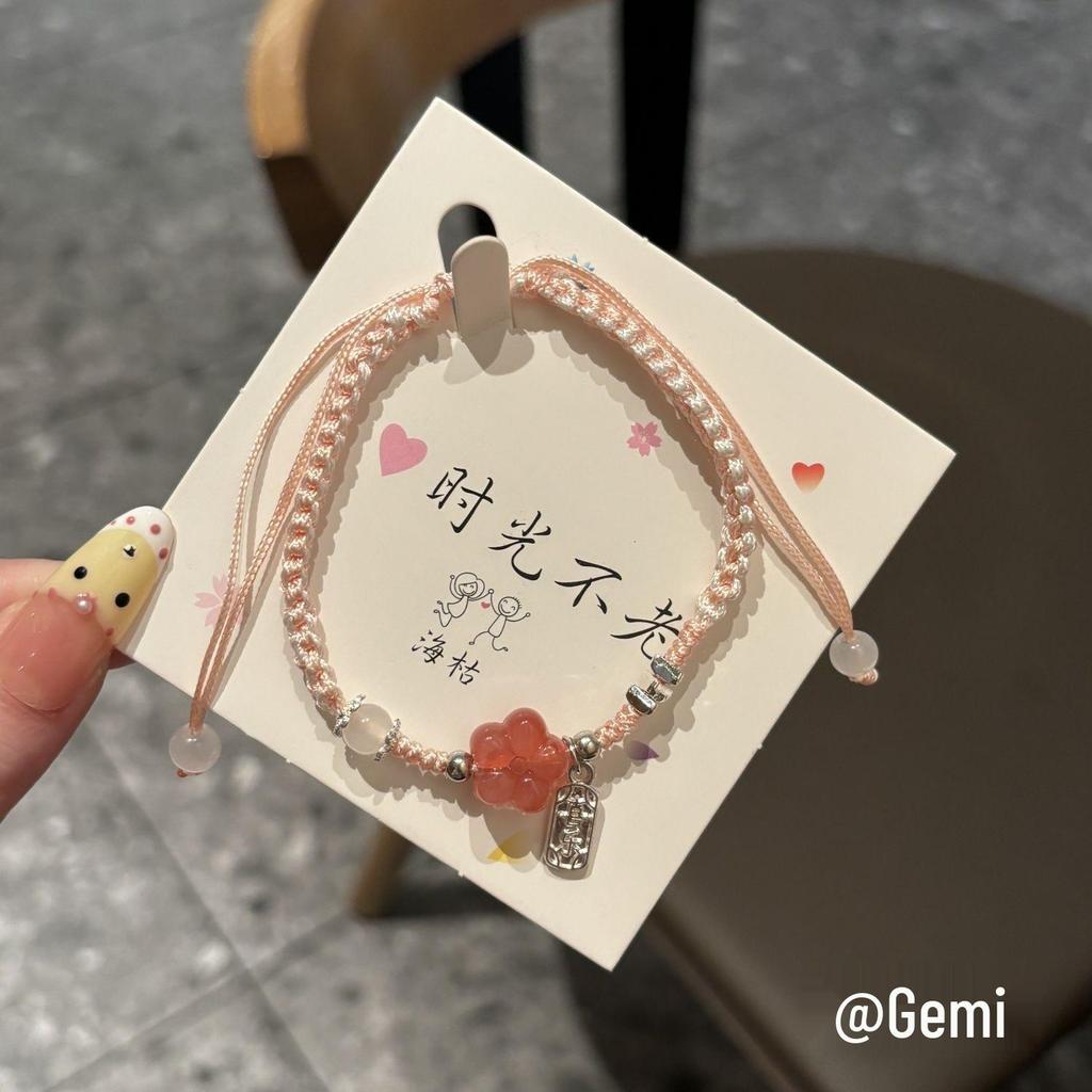 Pulseira Tecida Estilo Chinês Flor de Ameixeira em Resina - Cordão de Mão Versátil para Casal/Melhores Amigos