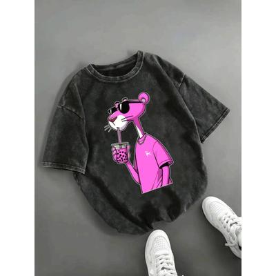 Pink Panther Retro Printstijl Retro Stijl Gewassen Dames T-shirt Leuk Veelzijdig Retro Street Trend T-shirt