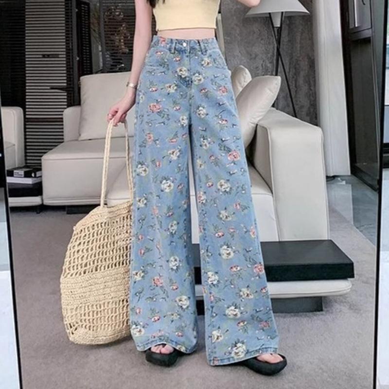 Floral wide-leg jeans women's casual high-waisted hips covering thin loose straight denim wide-leg pants women Light Wash High-waisted Casual Pants