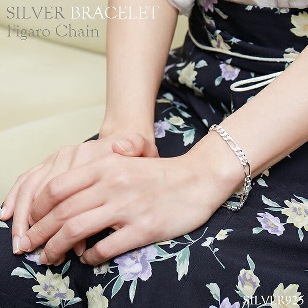 Gin no Silver 925 Figaro Chain Simple Design Chain [Shinjuku Kura] Bracelet, 17cm, 6-Face Cut, Women's,