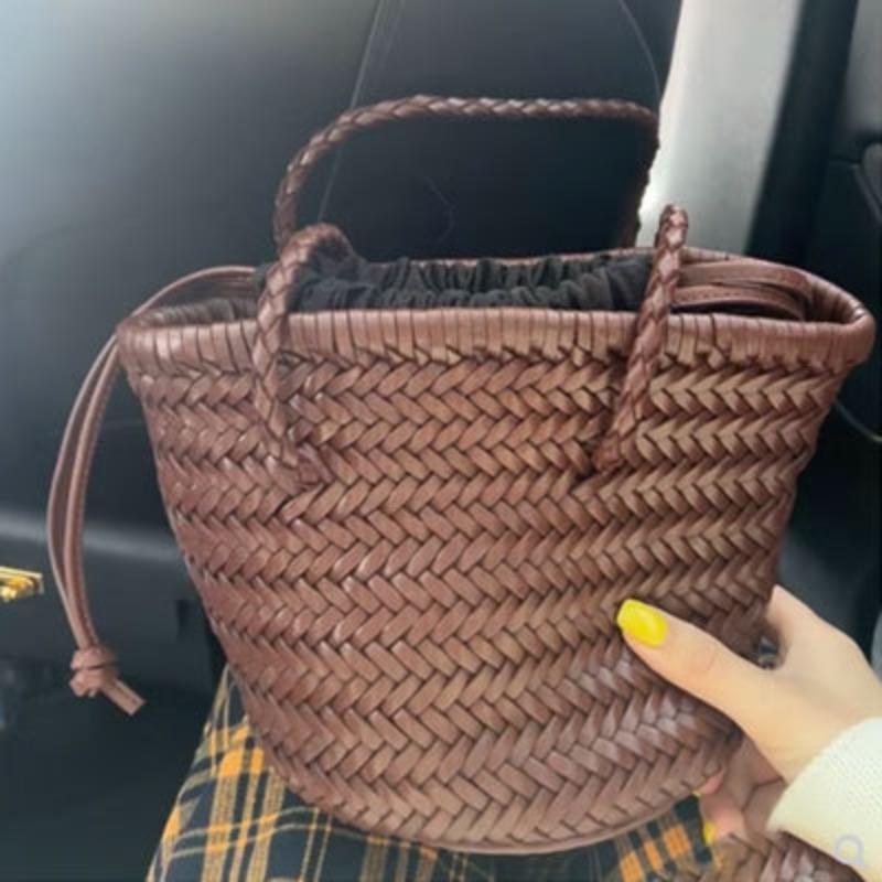 New Summer Hand-held Vegetable Basket, French Retro PU Leather Hand Woven Bag, Water Bucket Bag
